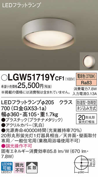 パナソニック LED屋外用シーリングライトLGW51719Y CF1